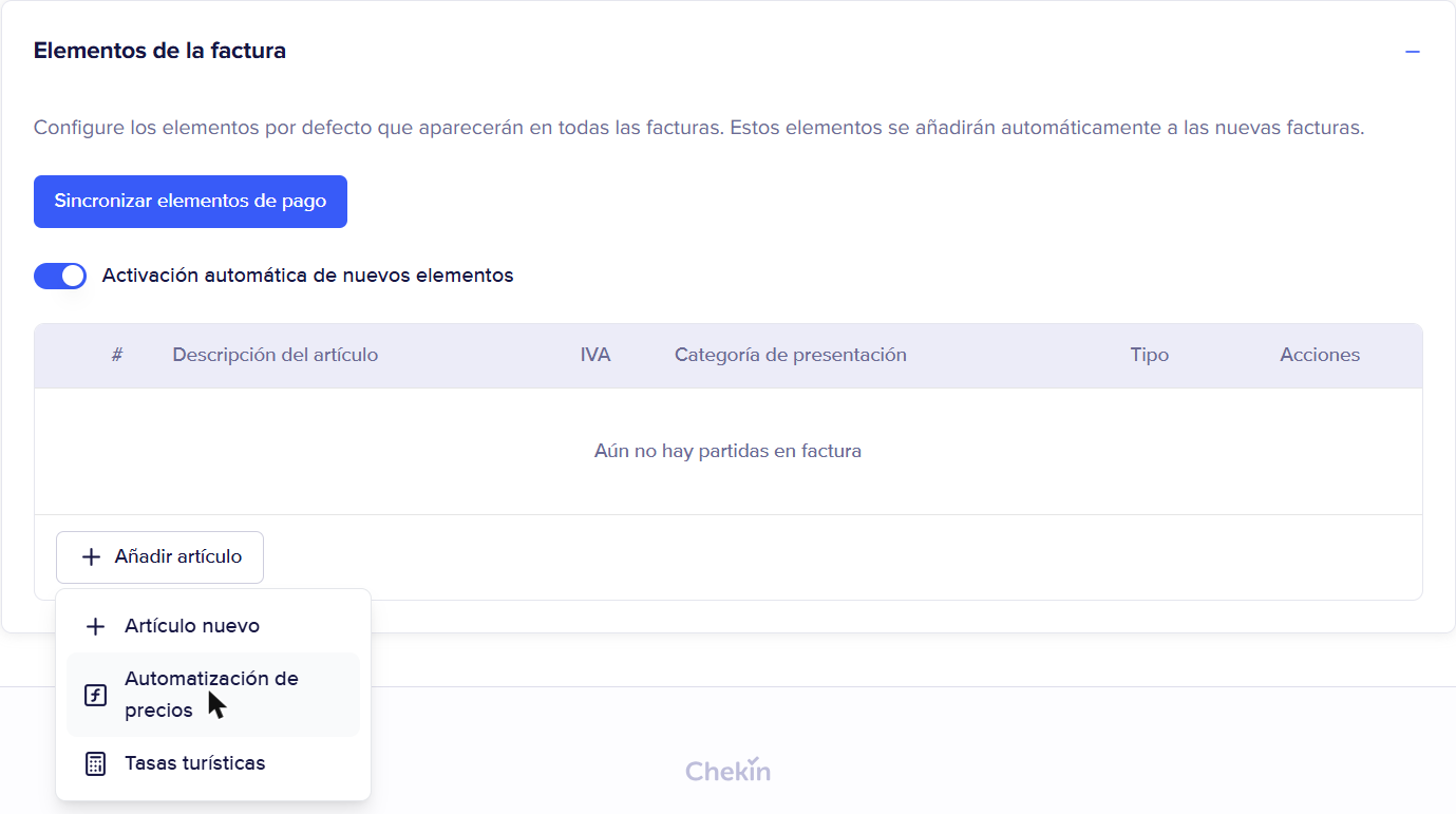 Sección Elementos de la factura con el menú Añadir artículo abierto